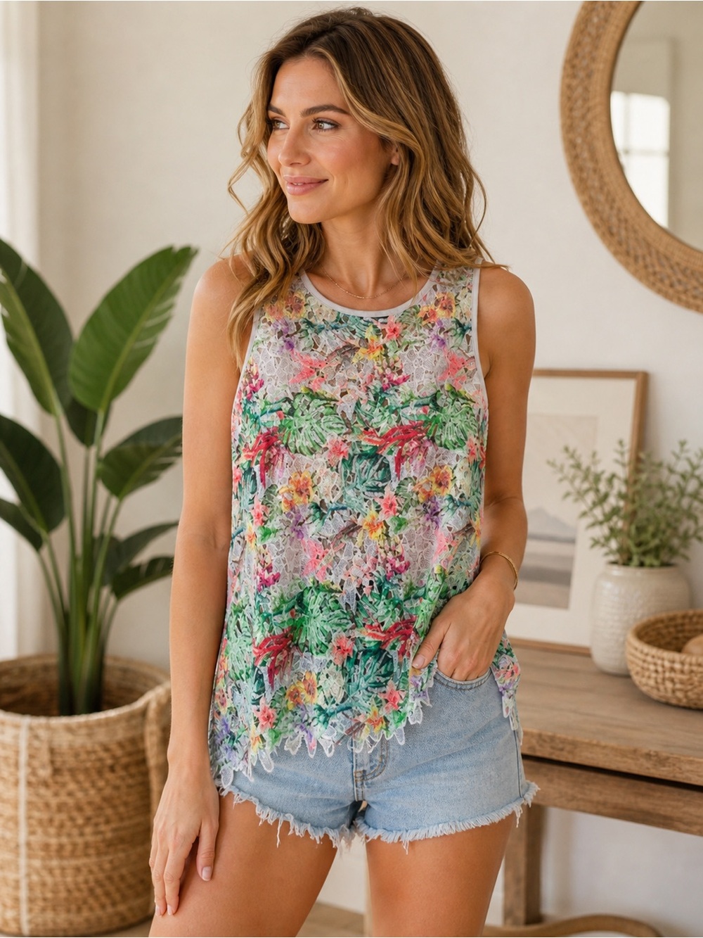 Anthropologie Inari Floral Fiore Lace Cut Out Sleeveless Top